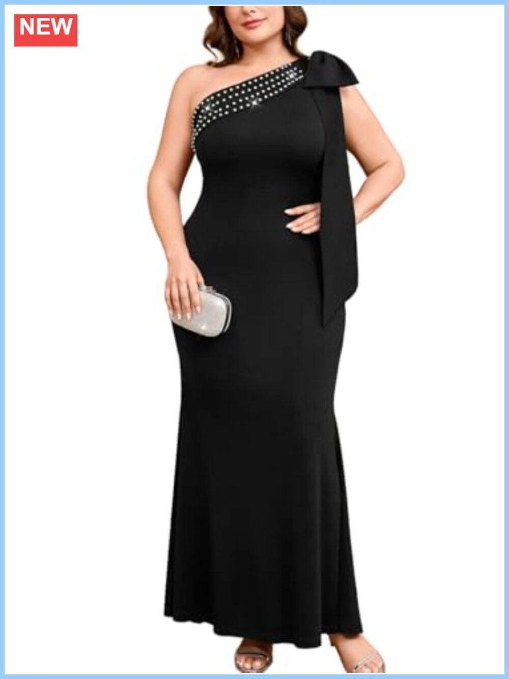 Plus Size One Shoulder Mermaid Evening Gown Statement Bow Rhinestone Formal